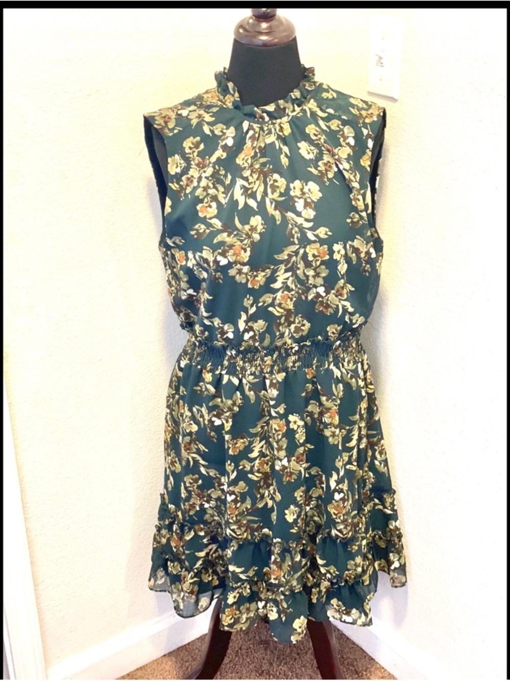 DREW Fern Floral Green Smocked Waist Sleeveless Mini Dress Ruffled M NEW $295